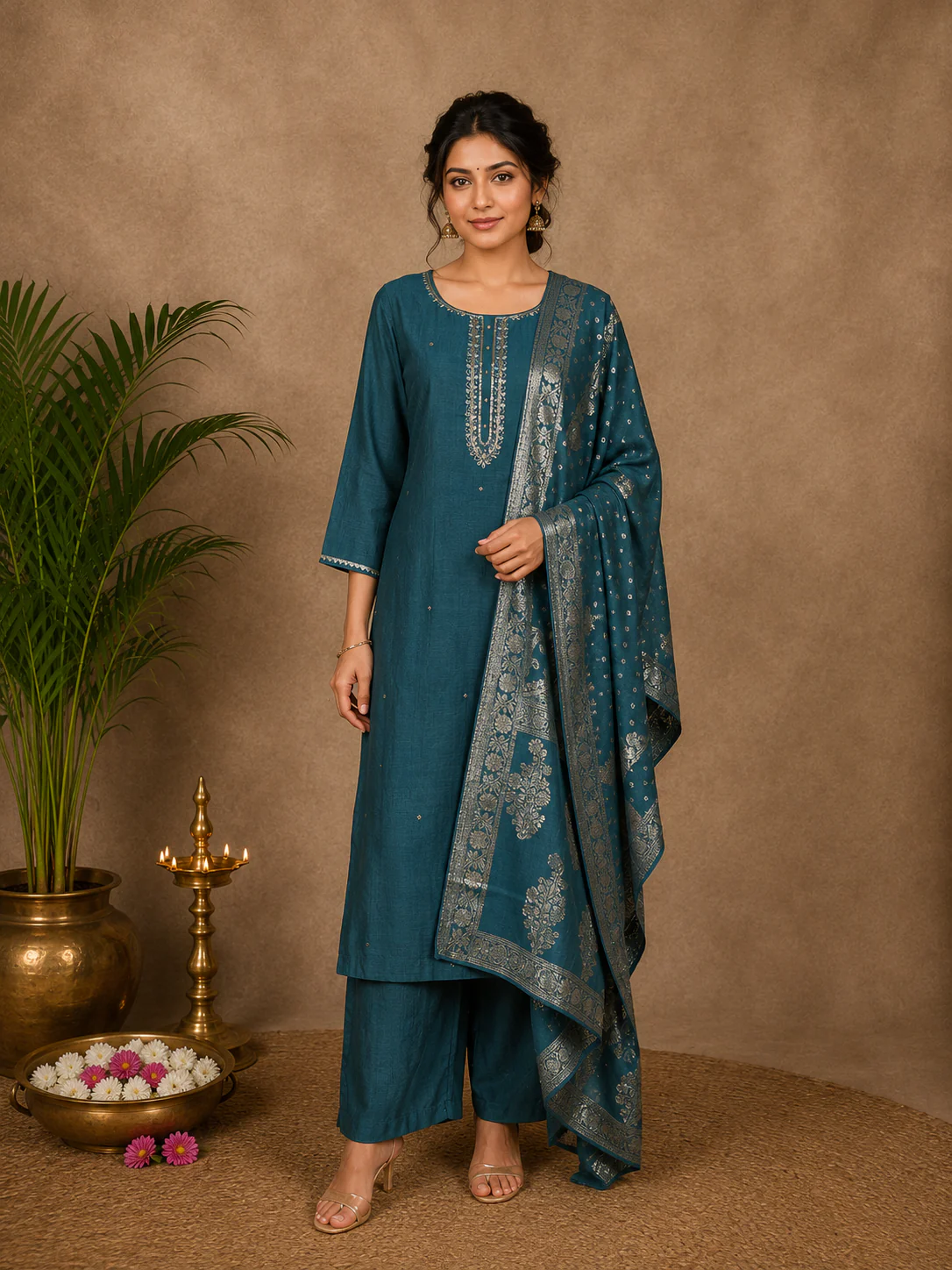 Teal Green Solid Design Cotton Straight Cut Salwar Suit
